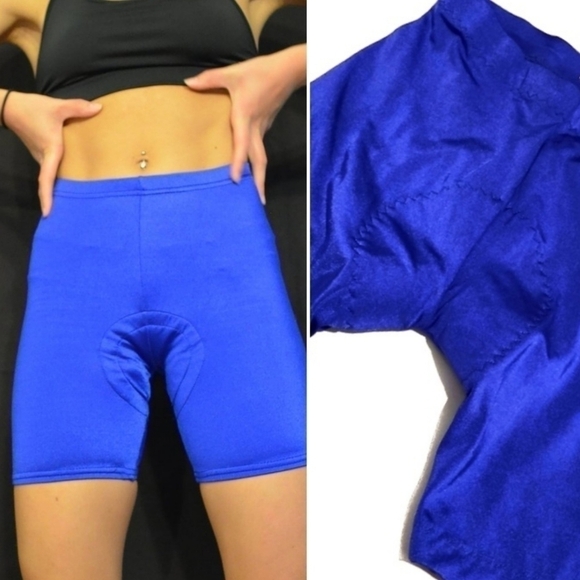 BIKE SHORTS Retro Padded Bright Blue Cycling Spin Athletic Sporty Vintage - Picture 1 of 13